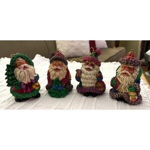 Set Of 4 Hand-Painted Santa Claus Christmas Tree Ornaments With Gold Hanging Str